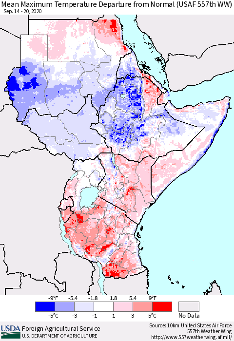 Eastern Africa Mean Maximum Temperature Departure from Normal (USAF 557th WW) Thematic Map For 9/14/2020 - 9/20/2020