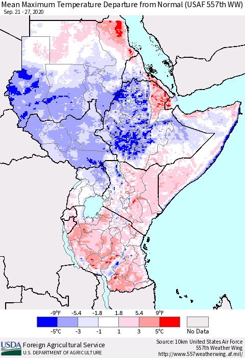 Eastern Africa Mean Maximum Temperature Departure from Normal (USAF 557th WW) Thematic Map For 9/21/2020 - 9/27/2020