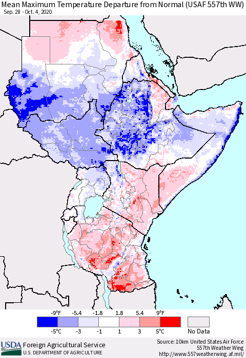 Eastern Africa Mean Maximum Temperature Departure from Normal (USAF 557th WW) Thematic Map For 9/28/2020 - 10/4/2020
