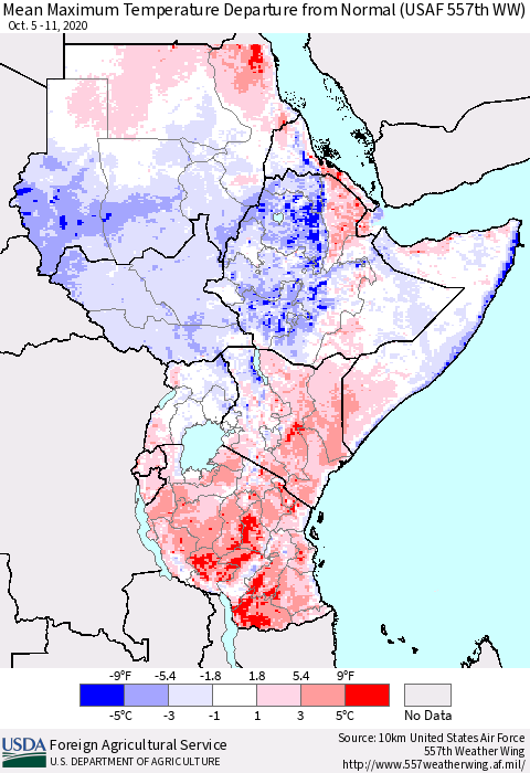 Eastern Africa Mean Maximum Temperature Departure from Normal (USAF 557th WW) Thematic Map For 10/5/2020 - 10/11/2020