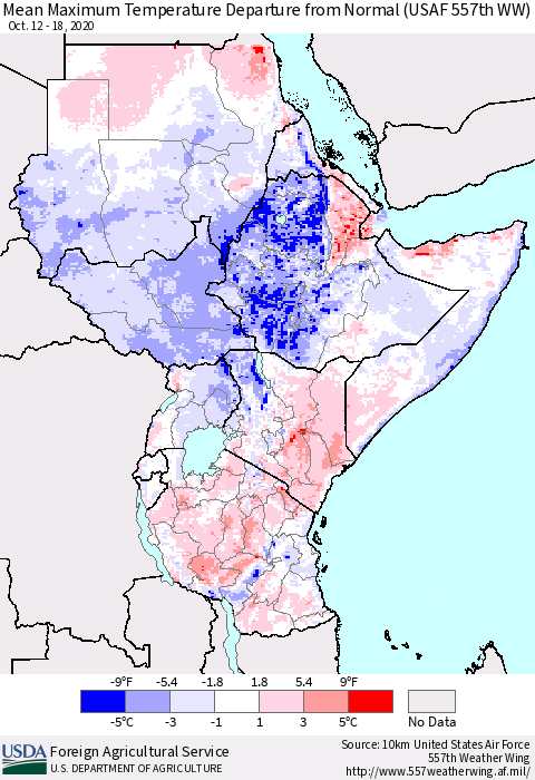 Eastern Africa Mean Maximum Temperature Departure from Normal (USAF 557th WW) Thematic Map For 10/12/2020 - 10/18/2020