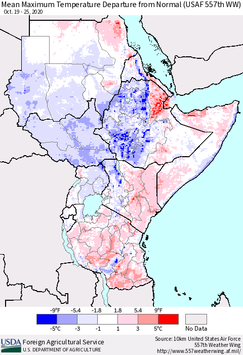 Eastern Africa Mean Maximum Temperature Departure from Normal (USAF 557th WW) Thematic Map For 10/19/2020 - 10/25/2020