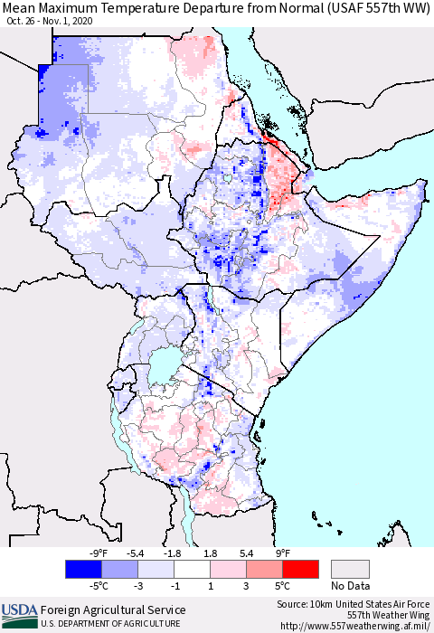 Eastern Africa Mean Maximum Temperature Departure from Normal (USAF 557th WW) Thematic Map For 10/26/2020 - 11/1/2020