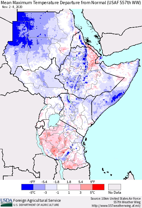 Eastern Africa Mean Maximum Temperature Departure from Normal (USAF 557th WW) Thematic Map For 11/2/2020 - 11/8/2020