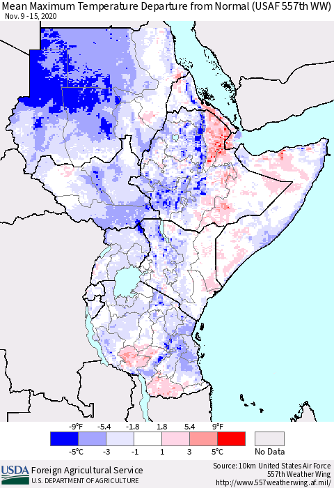 Eastern Africa Mean Maximum Temperature Departure from Normal (USAF 557th WW) Thematic Map For 11/9/2020 - 11/15/2020