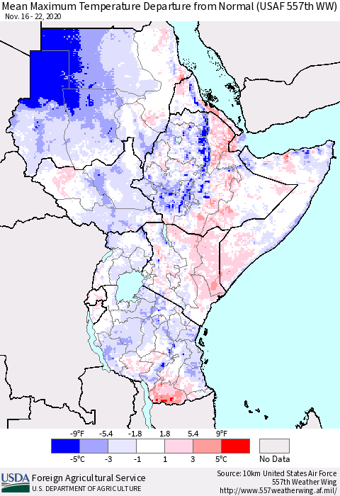 Eastern Africa Mean Maximum Temperature Departure from Normal (USAF 557th WW) Thematic Map For 11/16/2020 - 11/22/2020