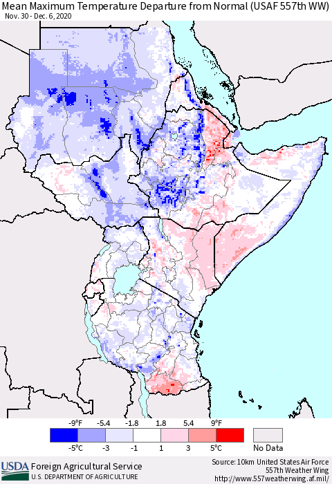 Eastern Africa Mean Maximum Temperature Departure from Normal (USAF 557th WW) Thematic Map For 11/30/2020 - 12/6/2020