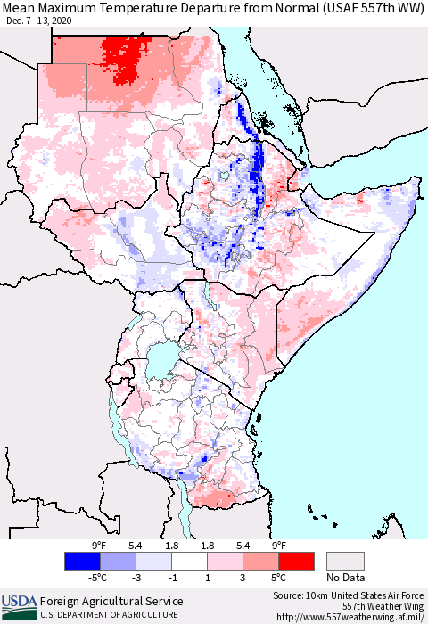 Eastern Africa Mean Maximum Temperature Departure from Normal (USAF 557th WW) Thematic Map For 12/7/2020 - 12/13/2020