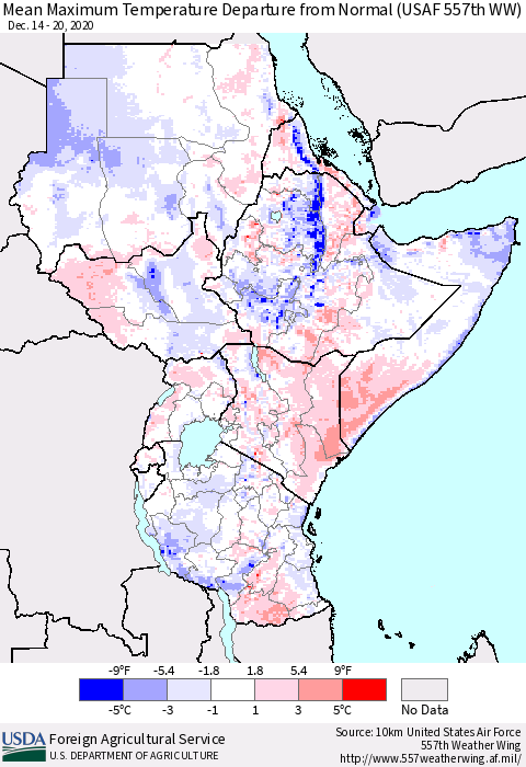 Eastern Africa Mean Maximum Temperature Departure from Normal (USAF 557th WW) Thematic Map For 12/14/2020 - 12/20/2020