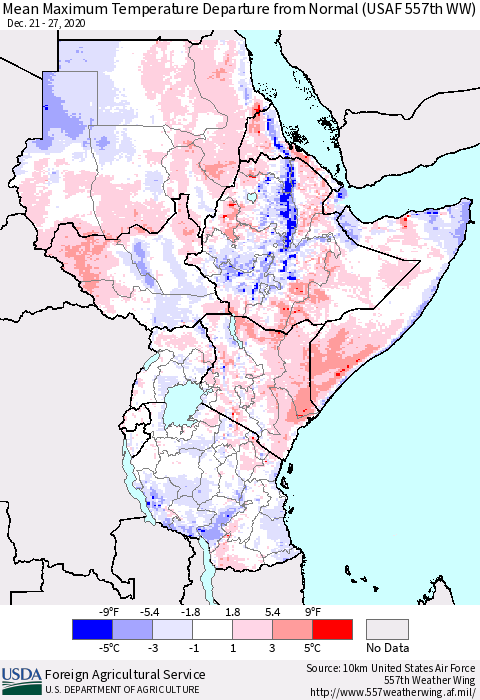 Eastern Africa Mean Maximum Temperature Departure from Normal (USAF 557th WW) Thematic Map For 12/21/2020 - 12/27/2020
