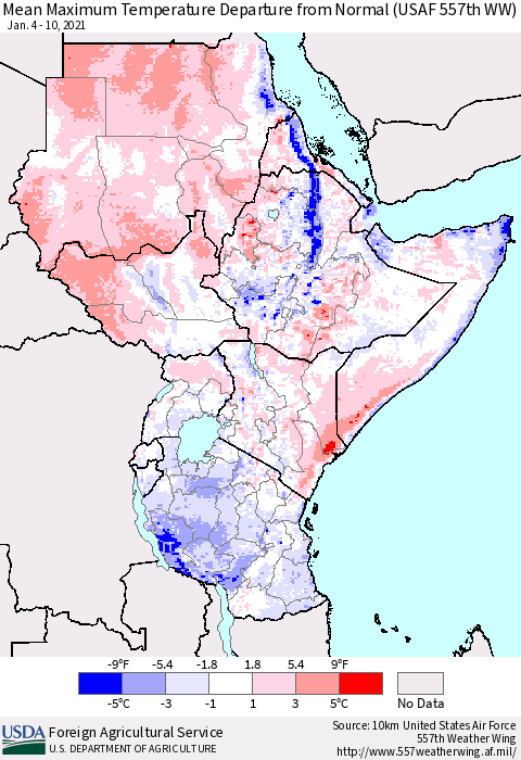 Eastern Africa Mean Maximum Temperature Departure from Normal (USAF 557th WW) Thematic Map For 1/4/2021 - 1/10/2021