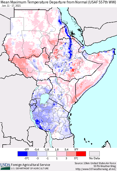 Eastern Africa Mean Maximum Temperature Departure from Normal (USAF 557th WW) Thematic Map For 1/11/2021 - 1/17/2021