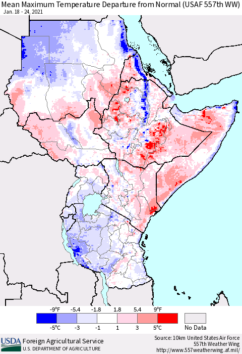 Eastern Africa Mean Maximum Temperature Departure from Normal (USAF 557th WW) Thematic Map For 1/18/2021 - 1/24/2021