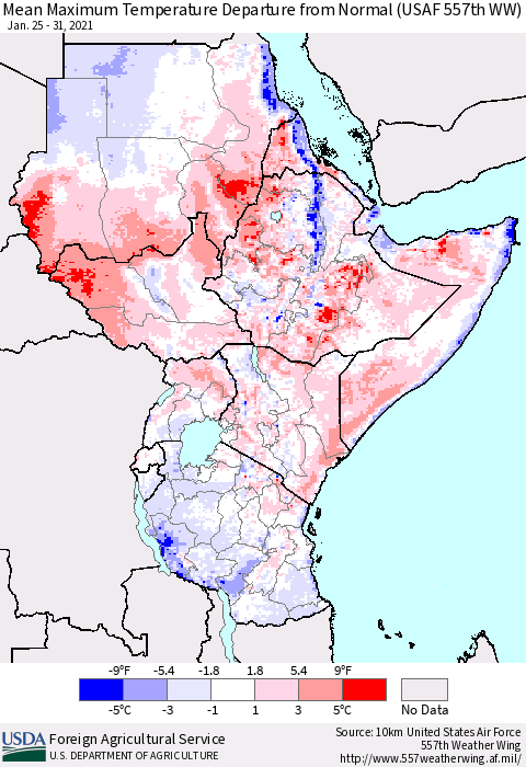 Eastern Africa Mean Maximum Temperature Departure from Normal (USAF 557th WW) Thematic Map For 1/25/2021 - 1/31/2021