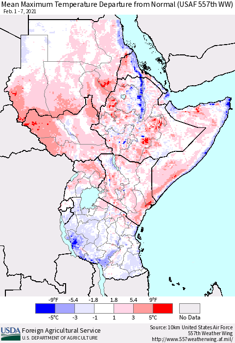 Eastern Africa Mean Maximum Temperature Departure from Normal (USAF 557th WW) Thematic Map For 2/1/2021 - 2/7/2021