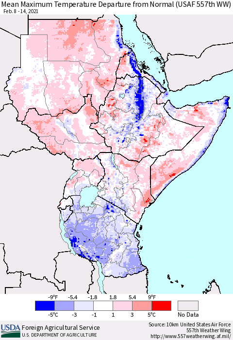 Eastern Africa Mean Maximum Temperature Departure from Normal (USAF 557th WW) Thematic Map For 2/8/2021 - 2/14/2021