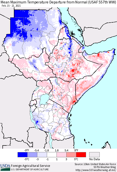 Eastern Africa Mean Maximum Temperature Departure from Normal (USAF 557th WW) Thematic Map For 2/15/2021 - 2/21/2021