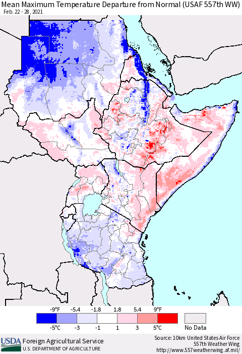 Eastern Africa Mean Maximum Temperature Departure from Normal (USAF 557th WW) Thematic Map For 2/22/2021 - 2/28/2021