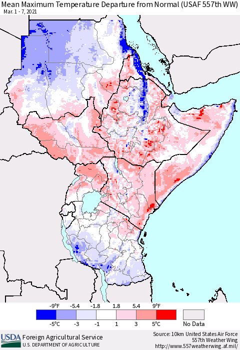 Eastern Africa Maximum Temperature Departure From Normal (USAF 557th WW) Thematic Map For 3/1/2021 - 3/7/2021