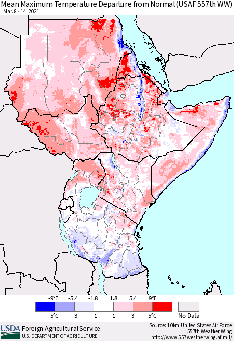 Eastern Africa Maximum Temperature Departure From Normal (USAF 557th WW) Thematic Map For 3/8/2021 - 3/14/2021