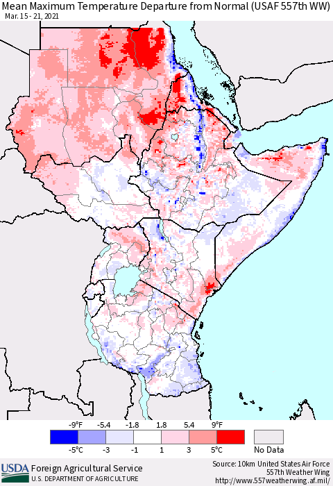 Eastern Africa Maximum Temperature Departure From Normal (USAF 557th WW) Thematic Map For 3/15/2021 - 3/21/2021