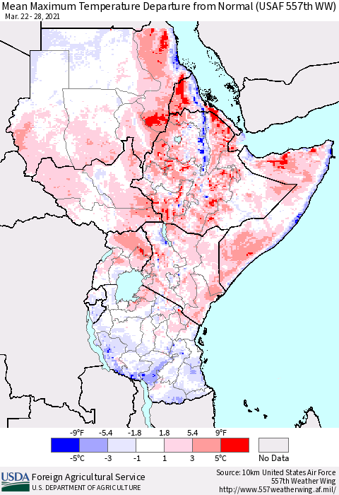 Eastern Africa Maximum Temperature Departure From Normal (USAF 557th WW) Thematic Map For 3/22/2021 - 3/28/2021