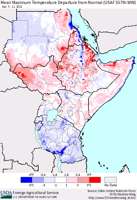 Eastern Africa Maximum Temperature Departure From Normal (USAF 557th WW) Thematic Map For 4/5/2021 - 4/11/2021
