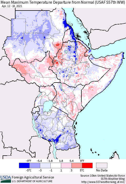 Eastern Africa Maximum Temperature Departure From Normal (USAF 557th WW) Thematic Map For 4/12/2021 - 4/18/2021