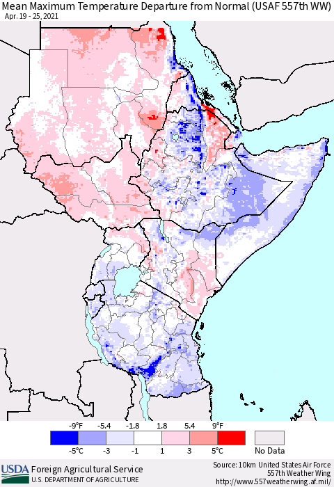 Eastern Africa Maximum Temperature Departure From Normal (USAF 557th WW) Thematic Map For 4/19/2021 - 4/25/2021