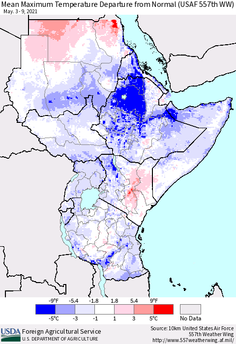 Eastern Africa Maximum Temperature Departure From Normal (USAF 557th WW) Thematic Map For 5/3/2021 - 5/9/2021
