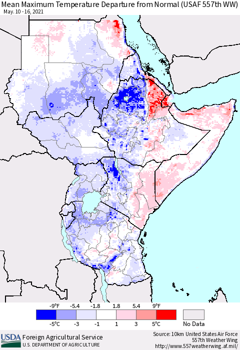 Eastern Africa Maximum Temperature Departure From Normal (USAF 557th WW) Thematic Map For 5/10/2021 - 5/16/2021