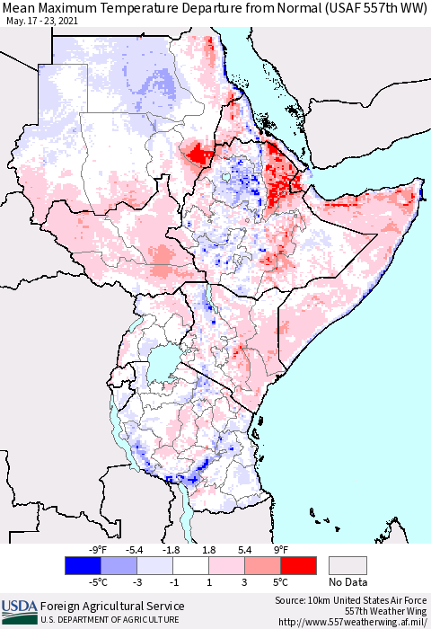 Eastern Africa Maximum Temperature Departure From Normal (USAF 557th WW) Thematic Map For 5/17/2021 - 5/23/2021