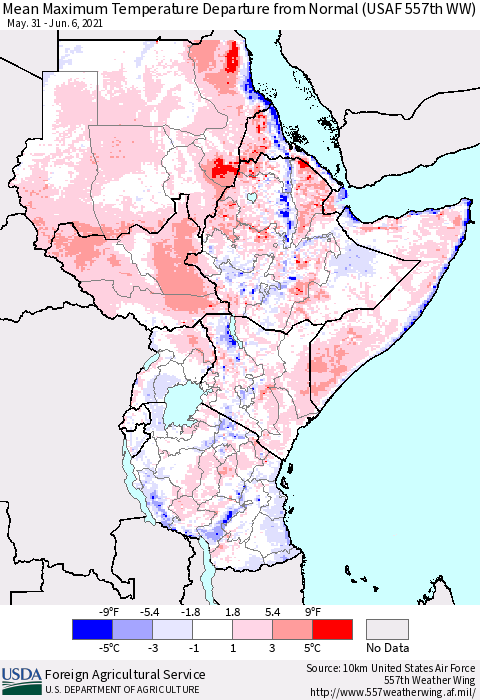 Eastern Africa Maximum Temperature Departure From Normal (USAF 557th WW) Thematic Map For 5/31/2021 - 6/6/2021