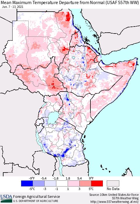 Eastern Africa Maximum Temperature Departure From Normal (USAF 557th WW) Thematic Map For 6/7/2021 - 6/13/2021