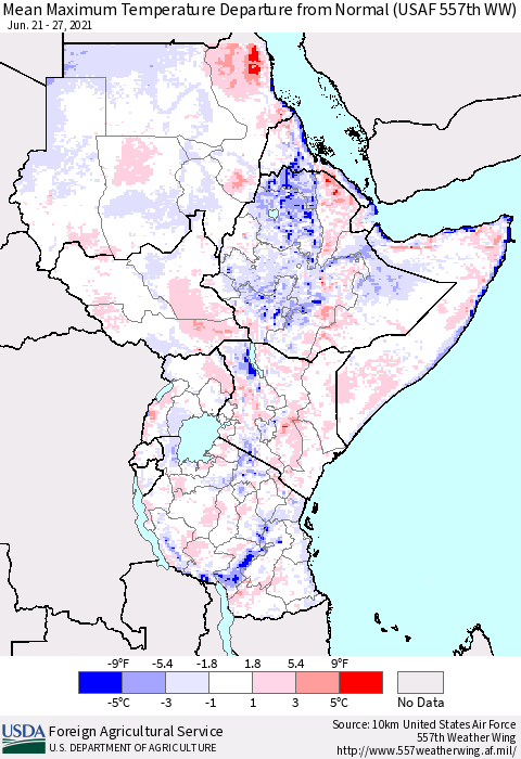 Eastern Africa Maximum Temperature Departure From Normal (USAF 557th WW) Thematic Map For 6/21/2021 - 6/27/2021