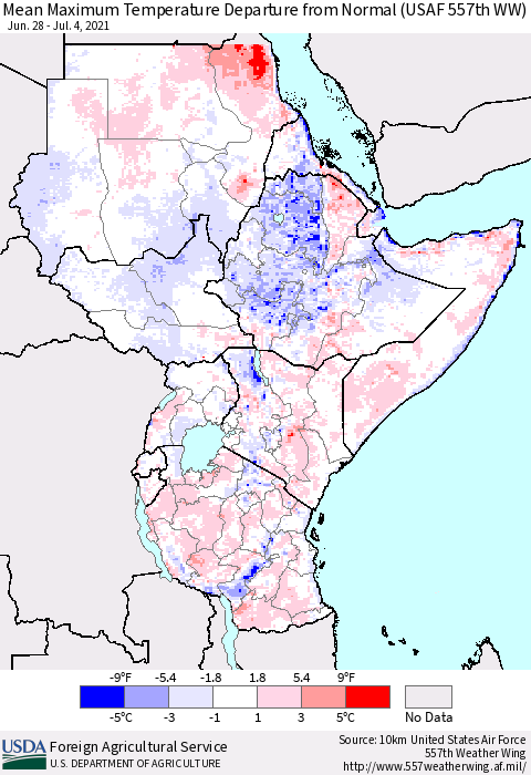 Eastern Africa Maximum Temperature Departure From Normal (USAF 557th WW) Thematic Map For 6/28/2021 - 7/4/2021