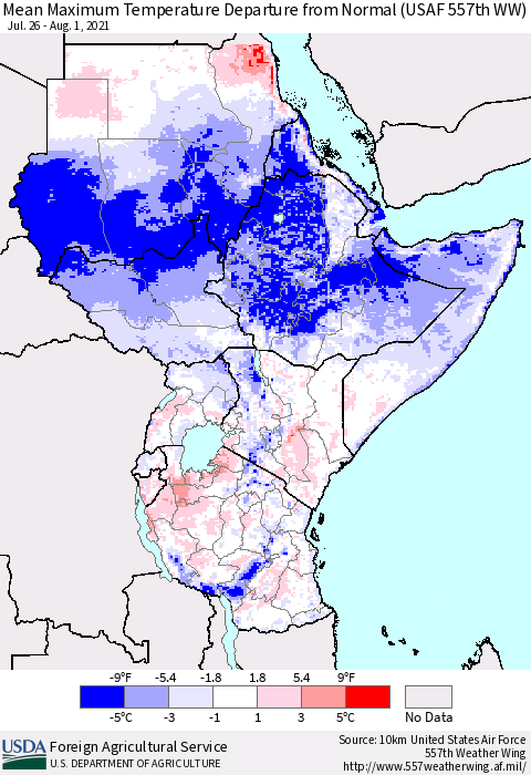 Eastern Africa Maximum Temperature Departure From Normal (USAF 557th WW) Thematic Map For 7/26/2021 - 8/1/2021