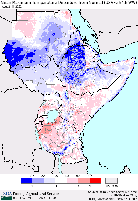 Eastern Africa Maximum Temperature Departure From Normal (USAF 557th WW) Thematic Map For 8/2/2021 - 8/8/2021