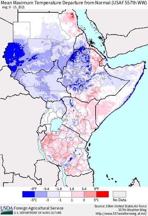 Eastern Africa Maximum Temperature Departure From Normal (USAF 557th WW) Thematic Map For 8/9/2021 - 8/15/2021
