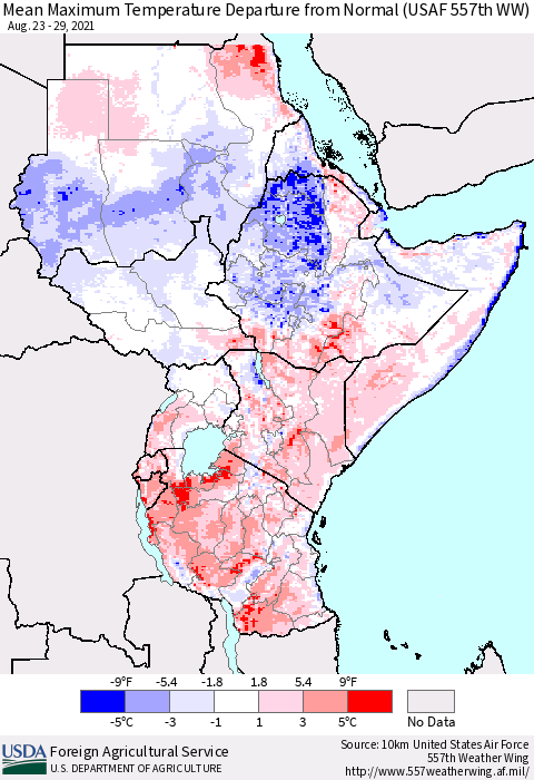 Eastern Africa Maximum Temperature Departure From Normal (USAF 557th WW) Thematic Map For 8/23/2021 - 8/29/2021