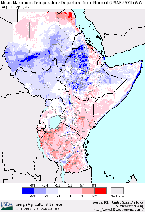 Eastern Africa Maximum Temperature Departure From Normal (USAF 557th WW) Thematic Map For 8/30/2021 - 9/5/2021