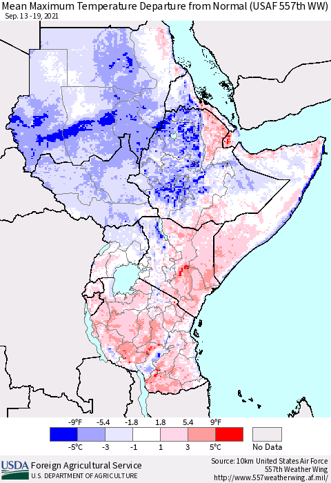 Eastern Africa Maximum Temperature Departure From Normal (USAF 557th WW) Thematic Map For 9/13/2021 - 9/19/2021