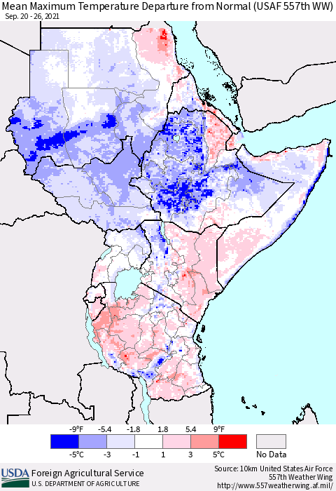 Eastern Africa Maximum Temperature Departure From Normal (USAF 557th WW) Thematic Map For 9/20/2021 - 9/26/2021