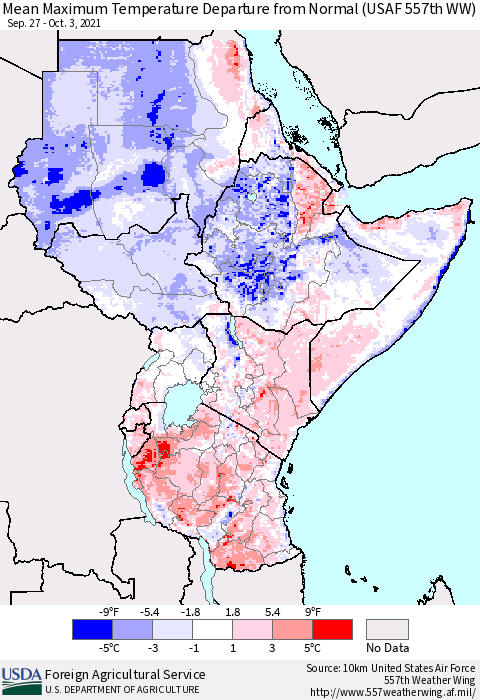 Eastern Africa Maximum Temperature Departure From Normal (USAF 557th WW) Thematic Map For 9/27/2021 - 10/3/2021
