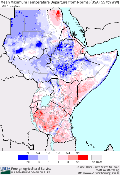 Eastern Africa Maximum Temperature Departure From Normal (USAF 557th WW) Thematic Map For 10/4/2021 - 10/10/2021