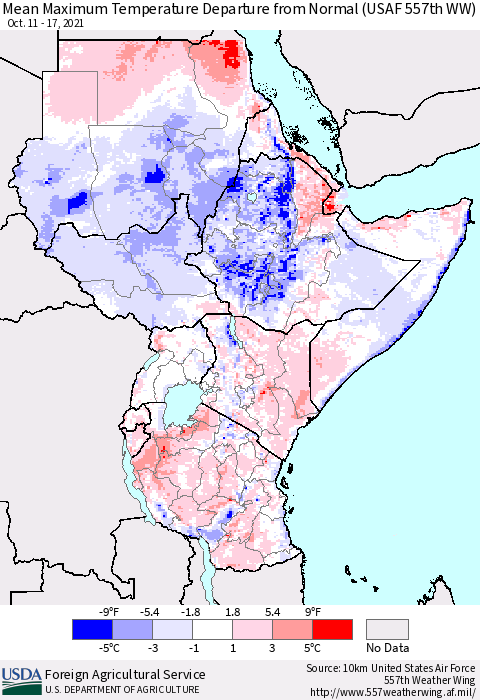 Eastern Africa Maximum Temperature Departure From Normal (USAF 557th WW) Thematic Map For 10/11/2021 - 10/17/2021