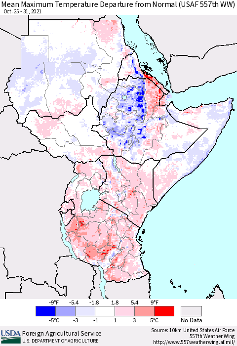 Eastern Africa Maximum Temperature Departure From Normal (USAF 557th WW) Thematic Map For 10/25/2021 - 10/31/2021