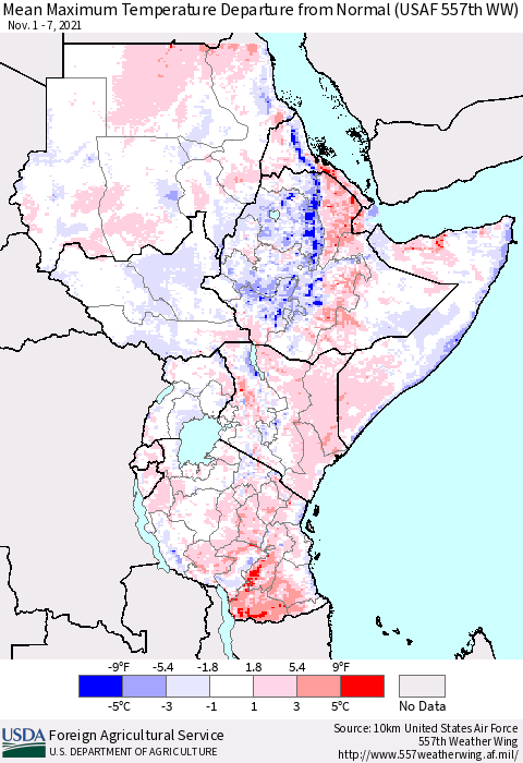 Eastern Africa Maximum Temperature Departure From Normal (USAF 557th WW) Thematic Map For 11/1/2021 - 11/7/2021