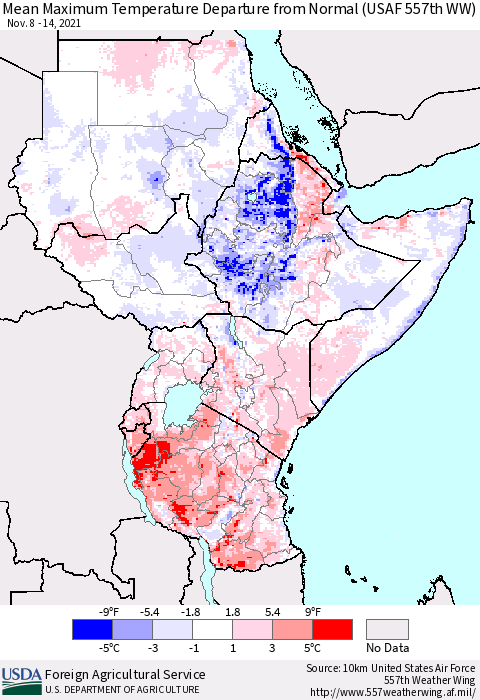 Eastern Africa Mean Maximum Temperature Departure from Normal (USAF 557th WW) Thematic Map For 11/8/2021 - 11/14/2021
