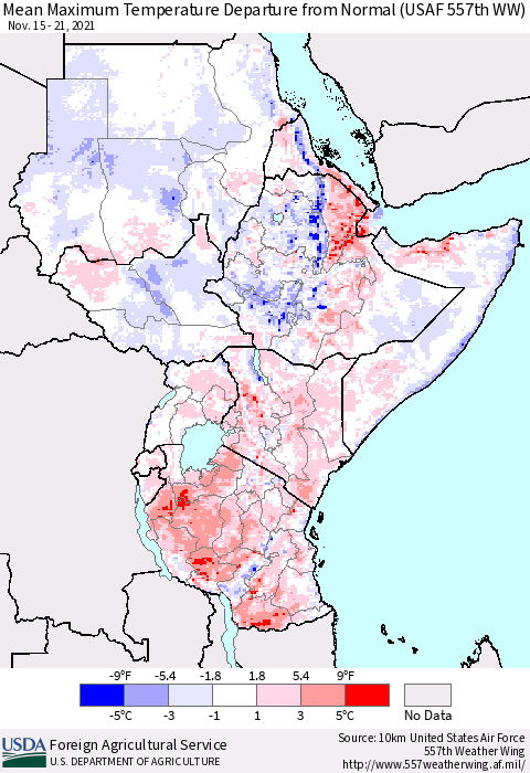Eastern Africa Mean Maximum Temperature Departure from Normal (USAF 557th WW) Thematic Map For 11/15/2021 - 11/21/2021